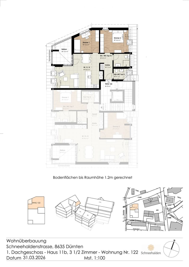 Floor plan of a 3.5-room apartment on the roof floor of a building, including two bedrooms, a bathroom, a kitchen, a hallway, and a balcony.