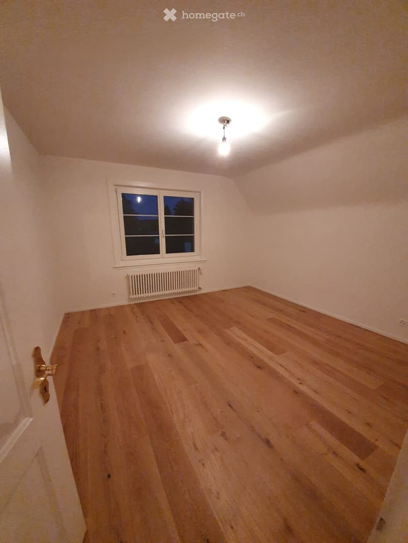 Empty room with wooden flooring, white walls, a window with a radiator below, and a single ceiling light fixture.