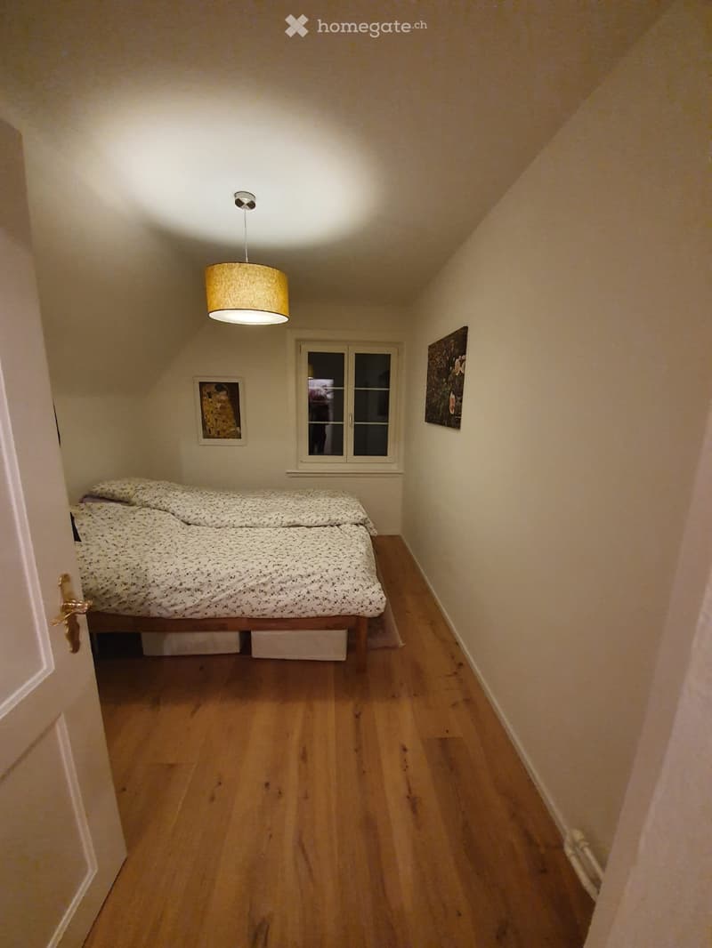 Cozy bedroom with wooden flooring, a single bed with patterned bedding, a pendant light fixture, and two picture frames on the walls.