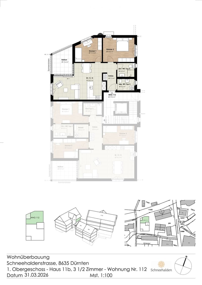 Floor plan of a 3.5-room apartment on the first floor of a building, including rooms, bathrooms, and balconies.