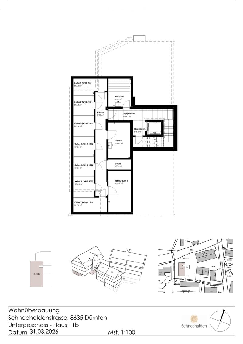 Floor plan of the basement level (Untergeschoss) of Haus 11b at Schneehaldenstrasse, 8635 Dünten, showing multiple rooms including Keller 1-7, Korridor, Treppenhaus, Technik, Elektro, Hobbyraum B, and Abstellraum.