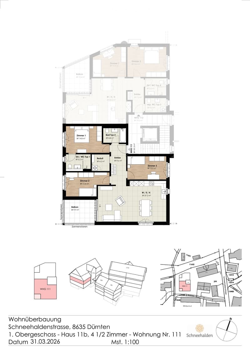 Floor plan of a 4.5-room apartment on the first floor of a building, including living room, kitchen, bedrooms, bathrooms, and balconies.