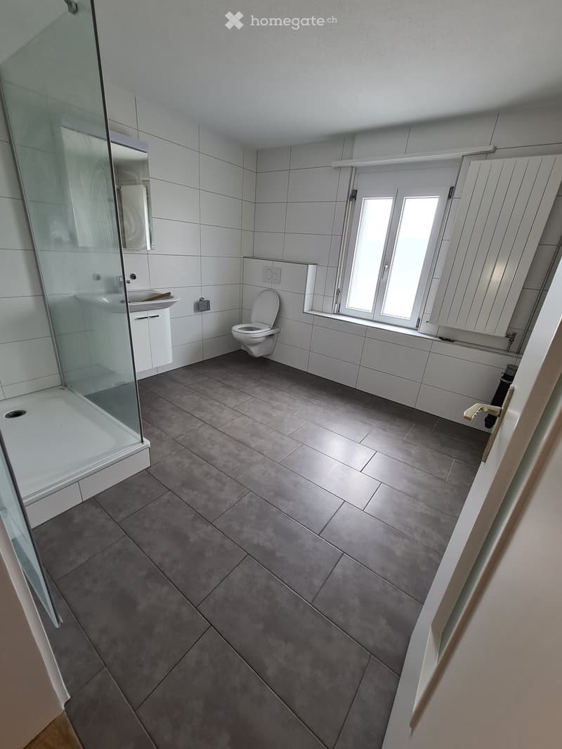 Modern bathroom with grey tiled floor, white tiled walls, a toilet, a sink with a mirror, and a glass-enclosed shower area. Natural light comes through a window with white blinds.