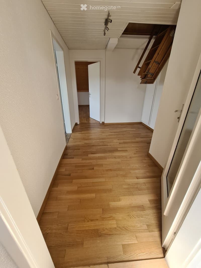 Empty hallway with light wooden flooring, white walls, and several doors leading to other rooms.