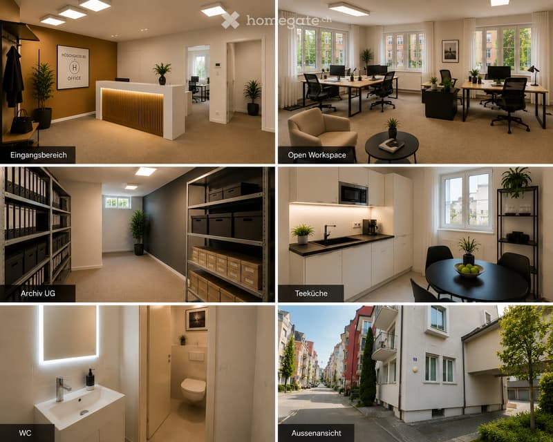 The collage showcases various interior spaces including a reception area, open workspace, archive room, kitchenette, bathroom, and exterior view. The reception area features a modern desk and potted plants. The open workspace has desks, office chairs, and