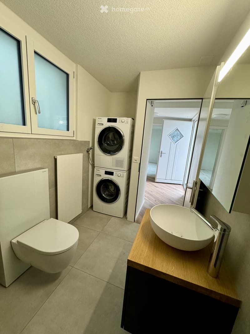 Modern bathroom with a toilet, sink, washing machine, and mirror. The sink has a sleek, modern design with a wooden countertop.