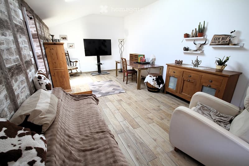 A cozy living space with a sofa, armchair, coffee table, television, desk, and shelves. The room features wooden flooring, a stone accent wall, and decorative items including a cowhide rug and potted plants.