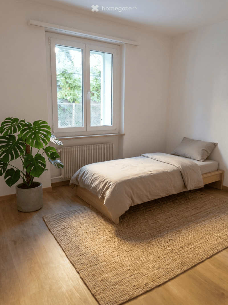 Cozy bedroom with a single bed, light-colored bedding, a woven rug, and a large leafy potted plant near the window.