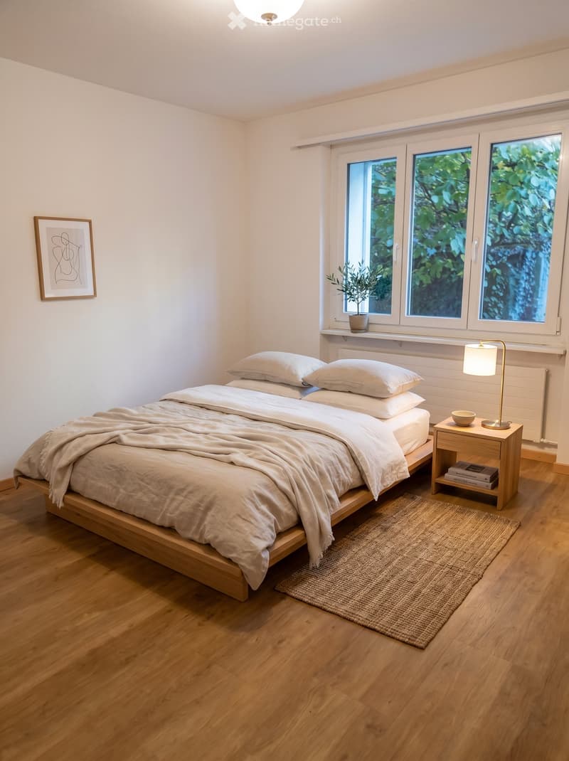 Minimalist bedroom with a wooden bed, nightstand, table lamp, and a small plant on the windowsill.