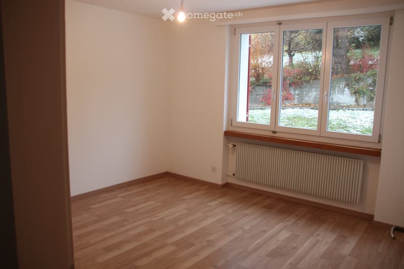 Empty room with wooden flooring, white walls, large windows, radiator, and a light fixture.