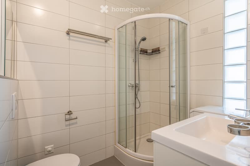 Modern bathroom with white tiles, a glass-enclosed shower, a toilet, a sink with a chrome faucet, and a towel rack.