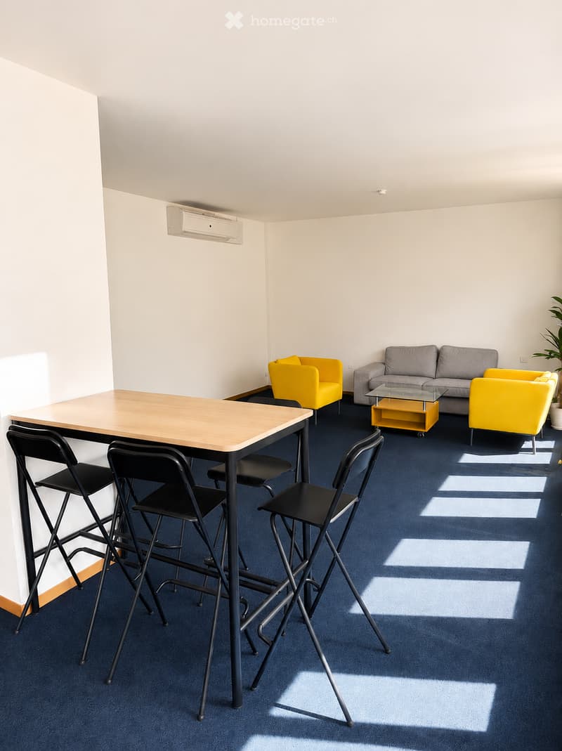 Modern, well-lit room with a wooden table, black chairs, grey sofa, yellow armchairs, and a small plant in the corner.