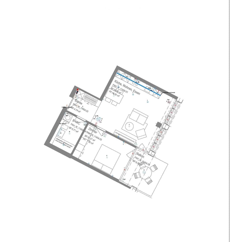 Floor plan showing a residential layout with multiple rooms including a kitchen, living room, bedroom, and balcony.
