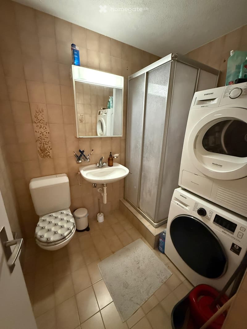 Bathroom with a toilet, sink, mirror, and stacked washing machines. Includes a toothbrush holder, soap dispenser, and trash bin.