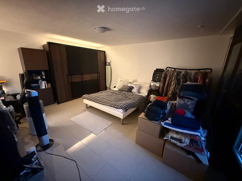 A modern bedroom with a white bed, dark wooden wardrobe, a chair, a fan, and a clothing rack with various items.