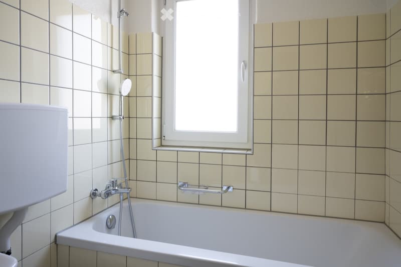 Bathroom with a bathtub, toilet, showerhead, and a handrail near the window.