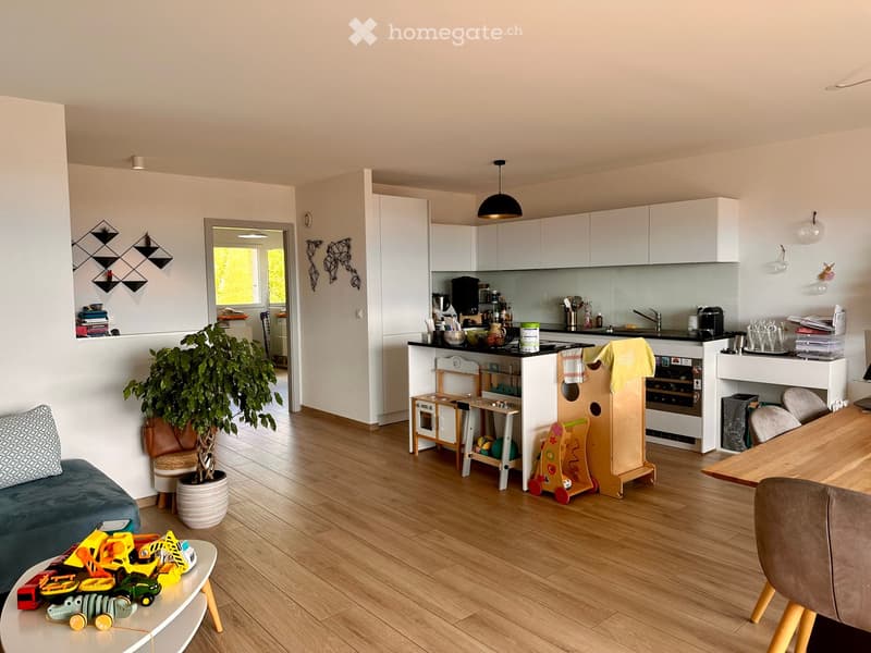 Open-plan living and dining area with a modern kitchen, wooden flooring, and various furniture including a sofa, coffee table, dining table, and chairs. The kitchen features white cabinets, a sink, and various appliances. A potted plant and several toys a