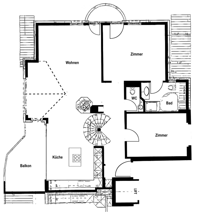 Floor plan showing a living area, kitchen, two bedrooms, bathroom, and balcony.
