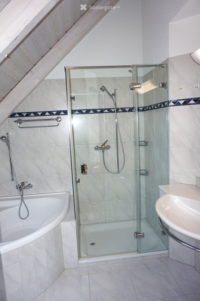 Modern bathroom with a bathtub, glass-enclosed shower, and a sink. Features white tiles, a blue and black decorative border, and a sleek glass shower enclosure.