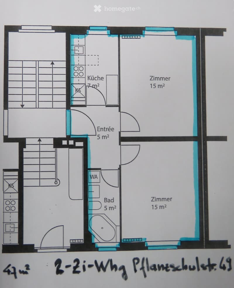 Floor plan showing a 2-room apartment with kitchen, bathroom, entrance, and two bedrooms.