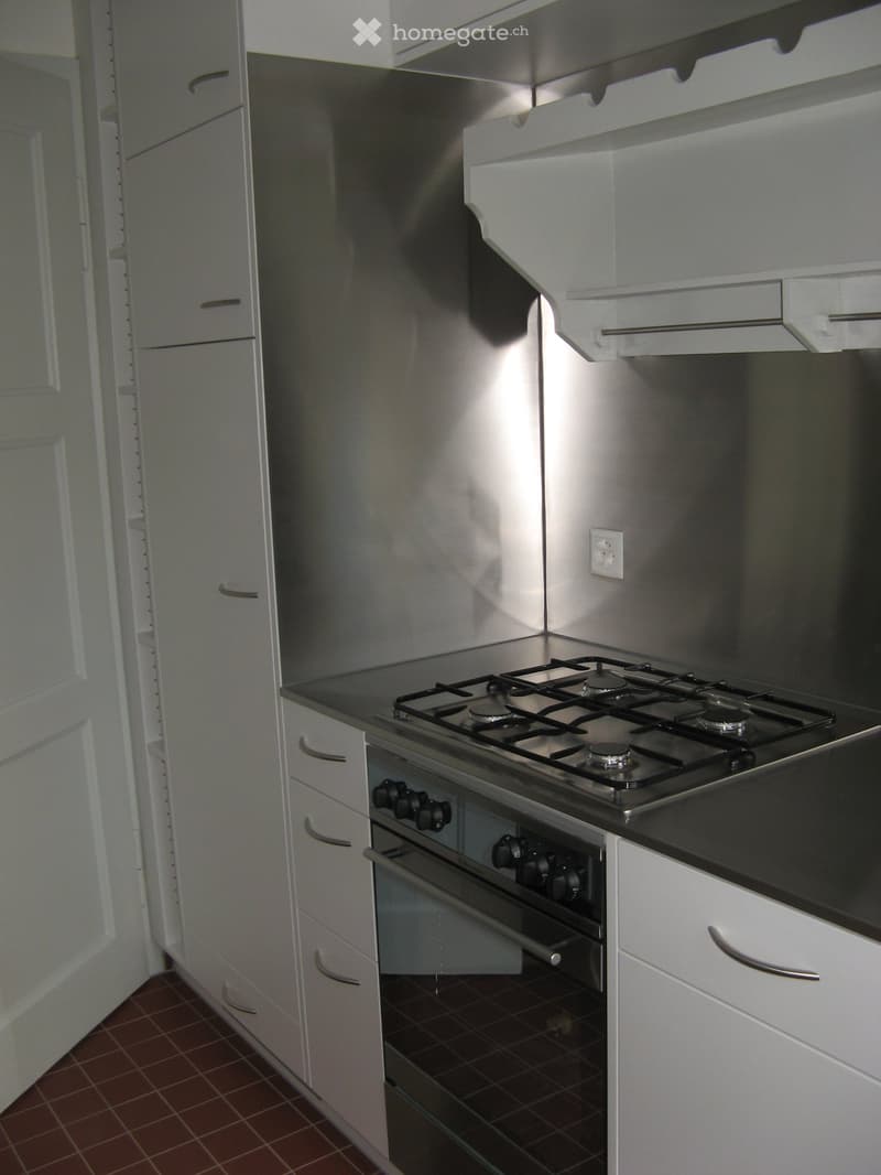 Modern kitchen with white cabinets, stainless steel stove and oven, and a range hood above.