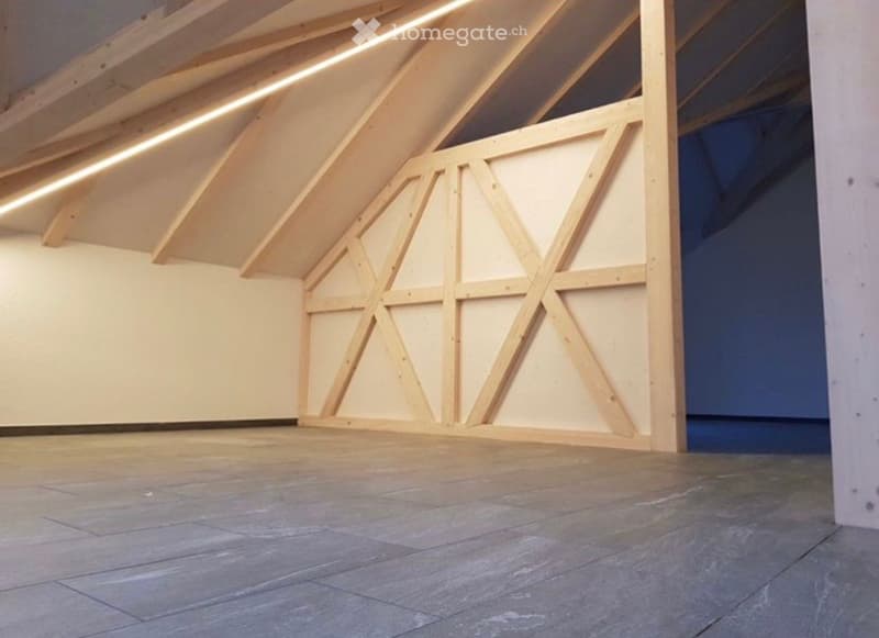 Empty attic space with wooden beams, exposed ceiling, and a large wooden panel on one wall. The floor is made of concrete tiles.