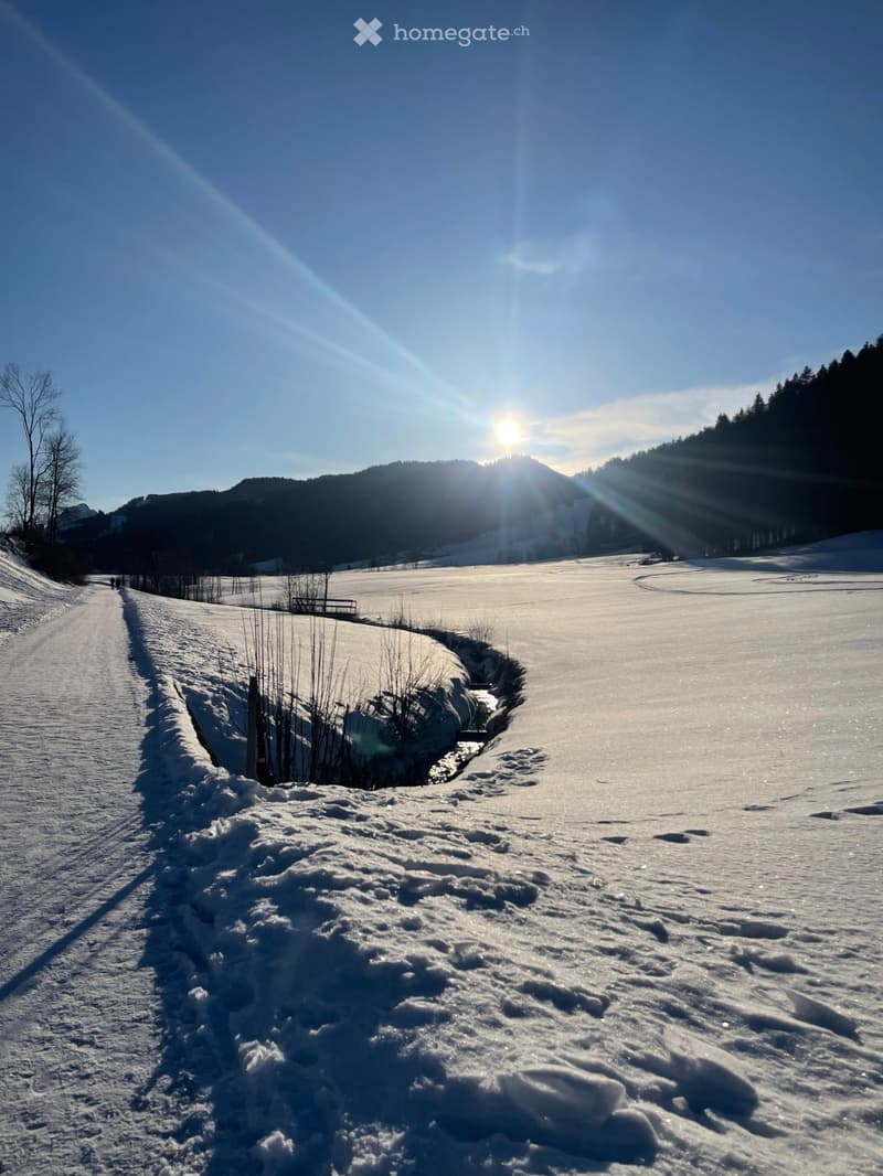 A serene winter landscape featuring a snow-covered field, a pathway, and distant mountains under a clear blue sky with the sun shining brightly.