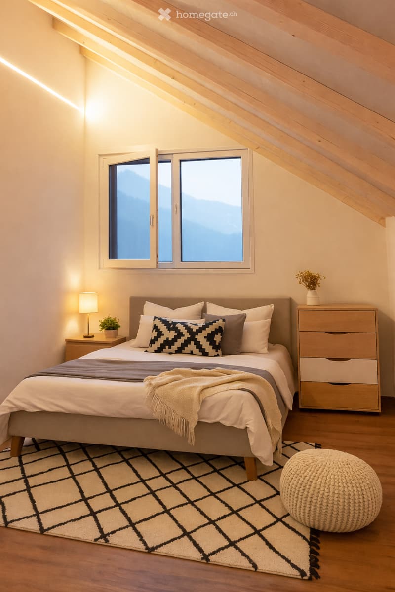 Cozy attic bedroom with wooden slanted ceilings, large windows, a bed with pillows and blankets, nightstands with lamps, a round stool, and a patterned rug.