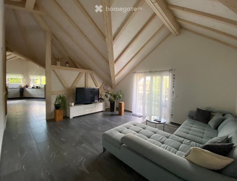 Spacious living room with exposed wooden beams, dark tiled floor, grey sectional sofa, coffee table, TV on a white stand, and potted plants.
