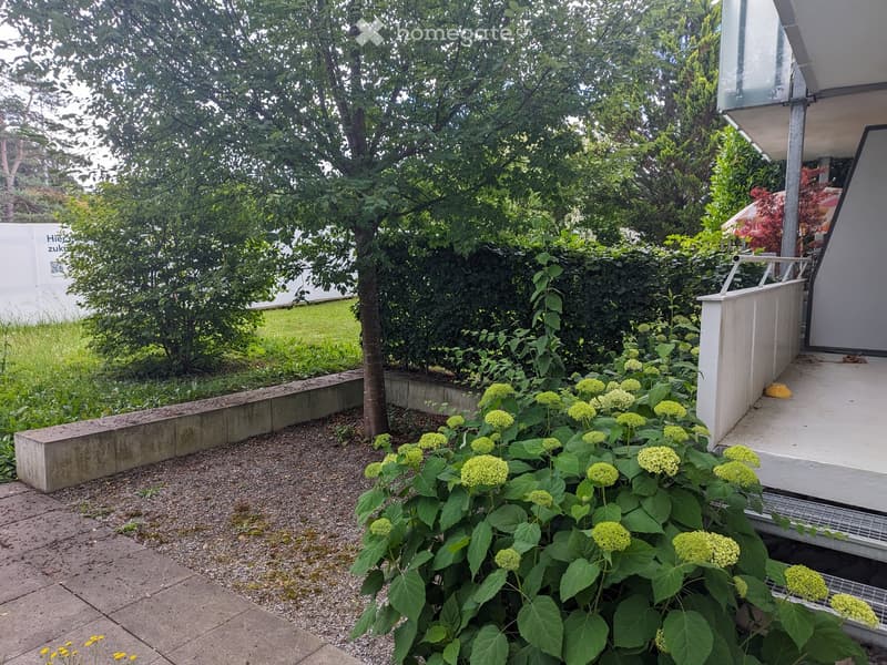 Garden area with a concrete planter, green shrubs, a tree, and a modern building entrance.