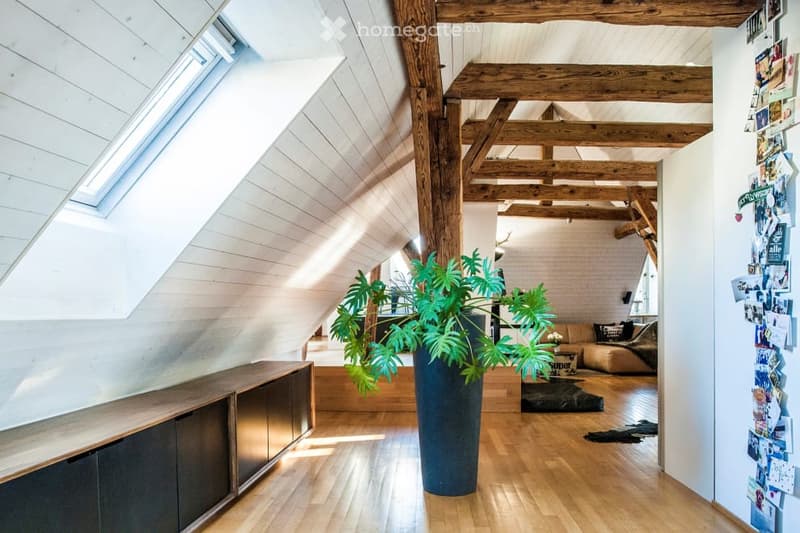 Attic living space with exposed wooden beams, skylight, hardwood floor, sofa, coffee table, and large plant in a pot.