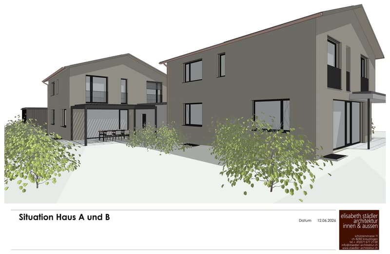 3D rendering of a modern two-story house with grey and white exterior, large windows, balconies, and a covered patio area with outdoor furniture.
