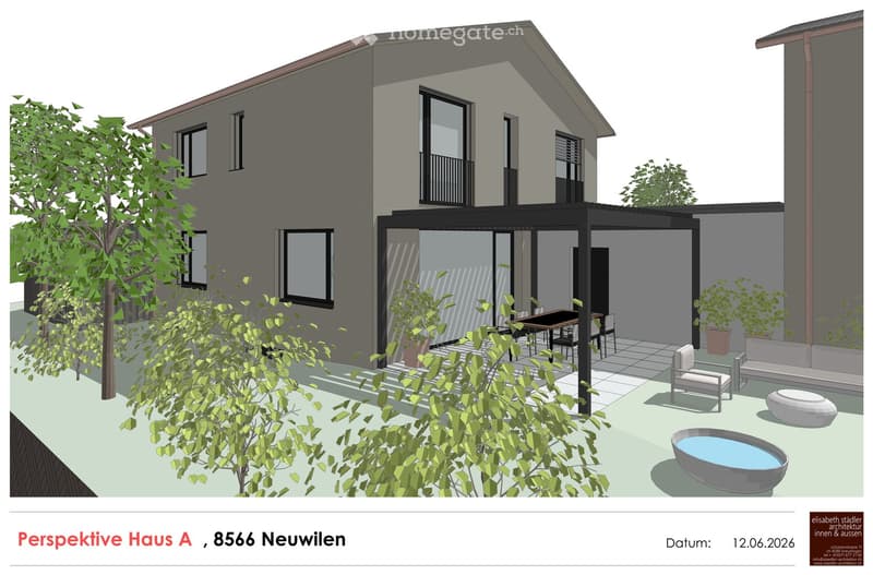 A modern outdoor patio area attached to a house, featuring a table, chairs, a sofa, an ottoman, a small bowl, and potted plants.