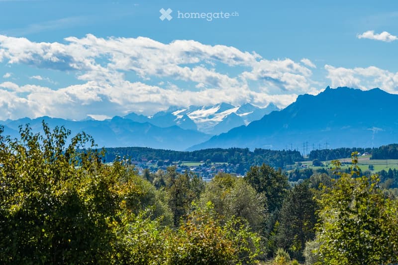 A panoramic view of a lush green valley with scattered houses and trees, surrounded by snow-capped mountains under a clear blue sky.