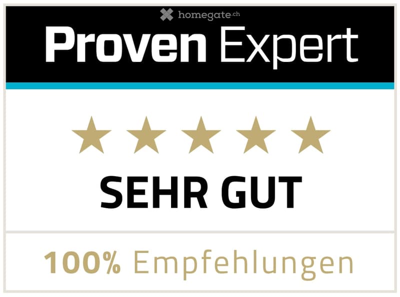 Certification badge displaying "Proven Expert" with five gold stars and the text "SEHR GUT" and "100% Empfehlungen".