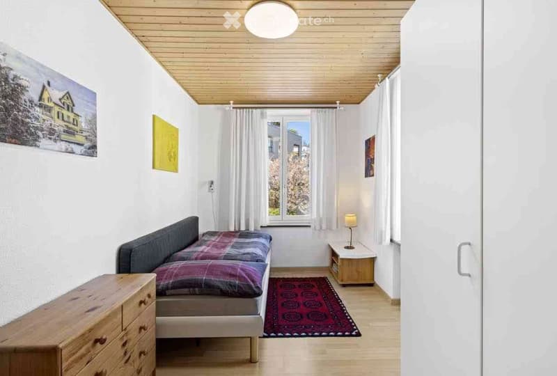 Cozy bedroom with a double bed, nightstand with lamp, dresser, and a colorful rug on the floor.