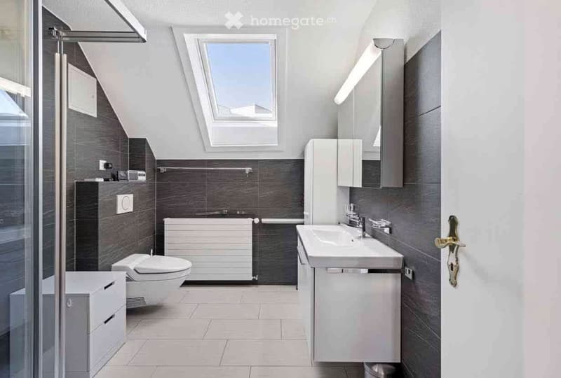 Modern bathroom with a toilet, sink, radiator, and built-in cabinets. Features a skylight window and sleek, contemporary design.