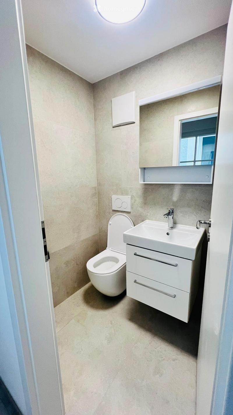 Modern bathroom with a toilet, sink, and mirror. Light-colored tiles and a sleek cabinet.