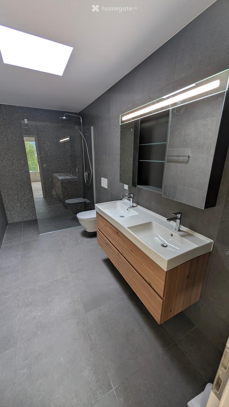 Modern bathroom with double sink, wooden cabinet, large mirror, toilet, and glass-enclosed shower area.