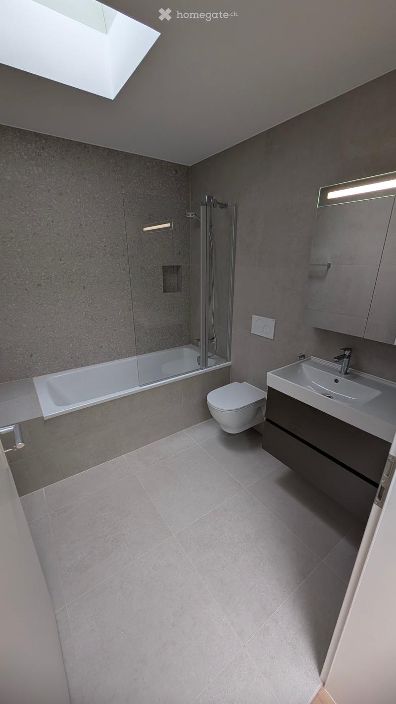 Modern bathroom with grey tiled walls and floor, featuring a bathtub, toilet, sink, and a glass-enclosed shower area.