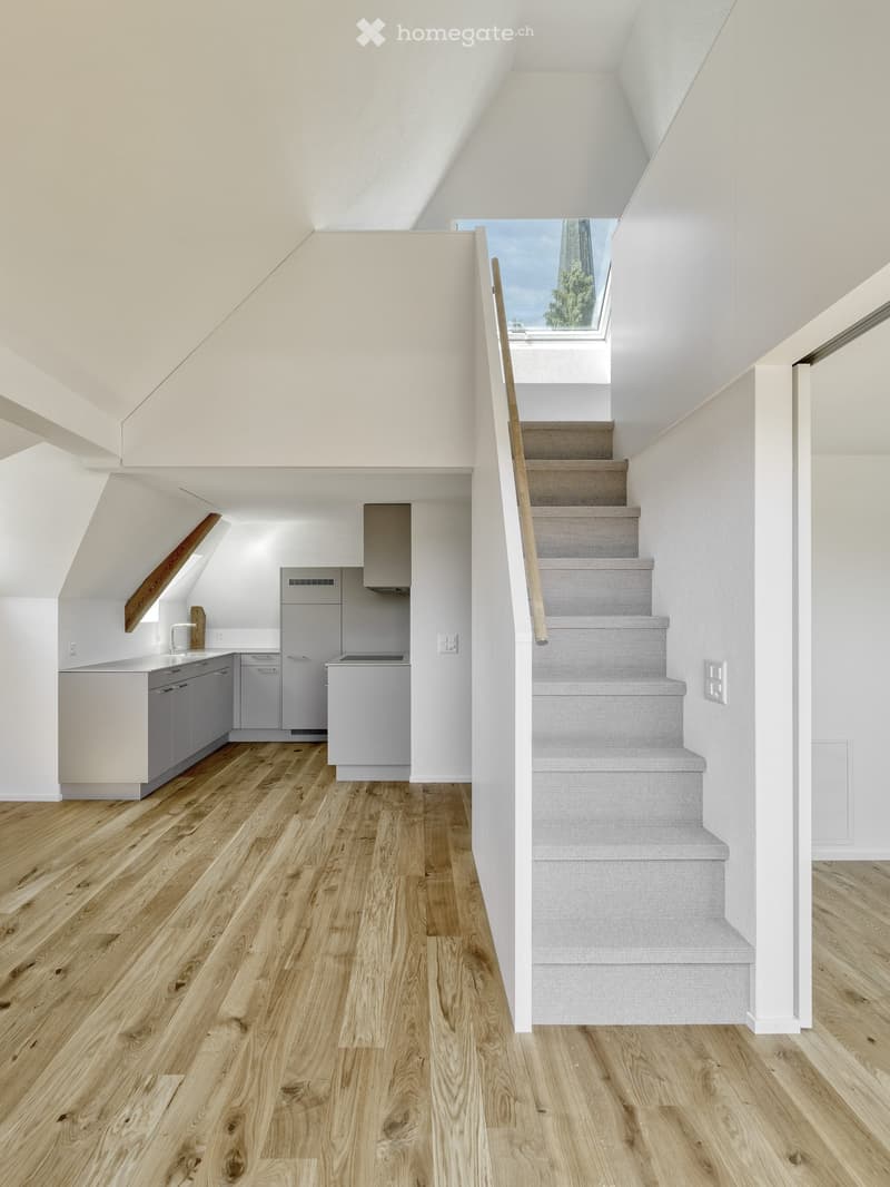 Modern hallway with wooden flooring, white walls, and a staircase leading upwards. The hallway features a small kitchen area with white cabinets, a sink, and a refrigerator. Skylights provide natural light, and the ceiling has a sloped design.