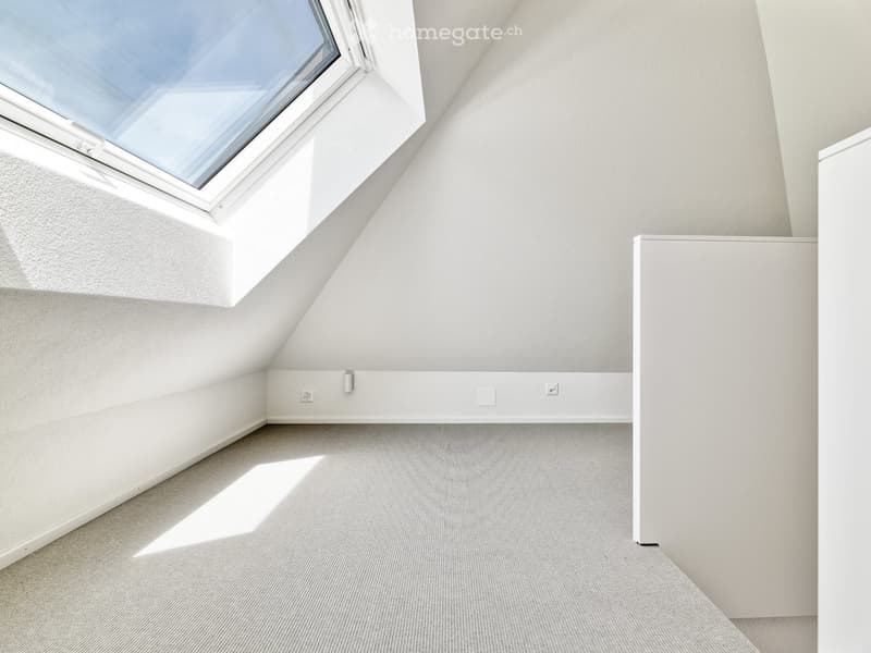 Empty room with white walls, grey carpeted floor, and a skylight window allowing natural light to enter.
