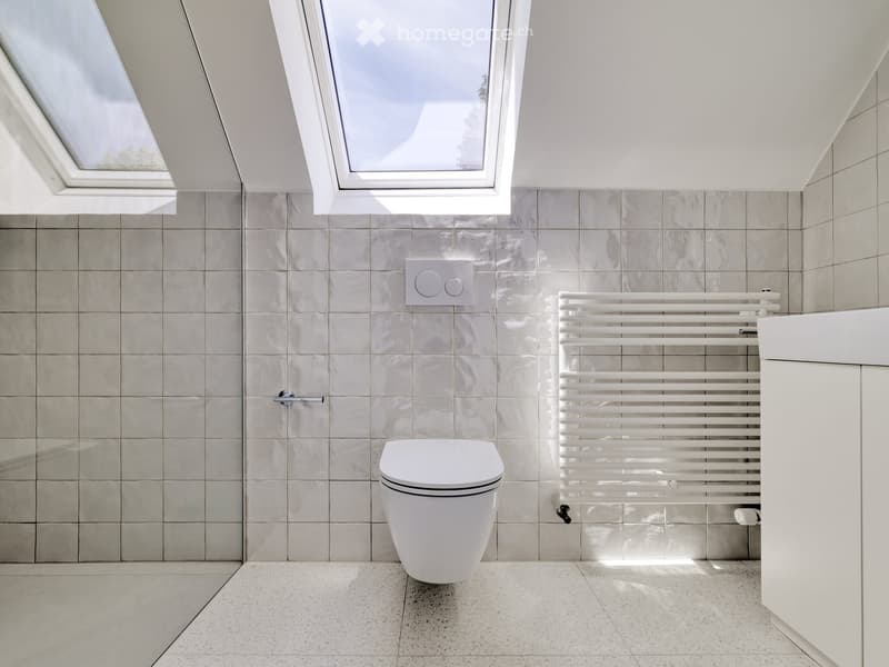 Modern bathroom with white tiles, a toilet, a radiator, and a sink, illuminated by skylight windows.