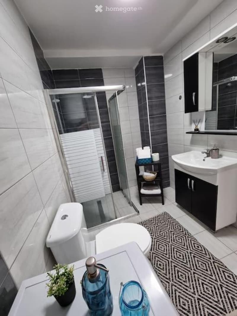 Modern bathroom with white tiles, a glass-enclosed shower, a toilet, a sink with a cabinet, a mirror, and a small plant on the counter.
