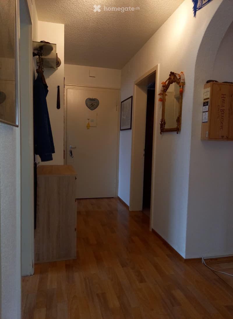 A narrow hallway with wooden flooring, white walls, and a closed door at the end. A coat rack with a jacket, a small wooden cabinet, and a mirror with a decorative frame are visible on the walls.
