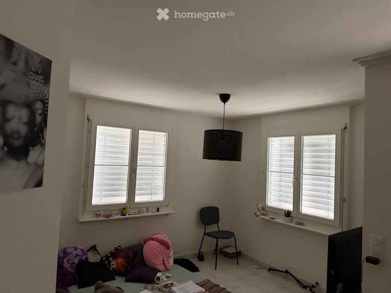 A small, furnished room with a chair, a pendant light, a screen, pillows, a table, a cushion, a plant, and a toy. The room has large windows with blinds and a shelf with various items.