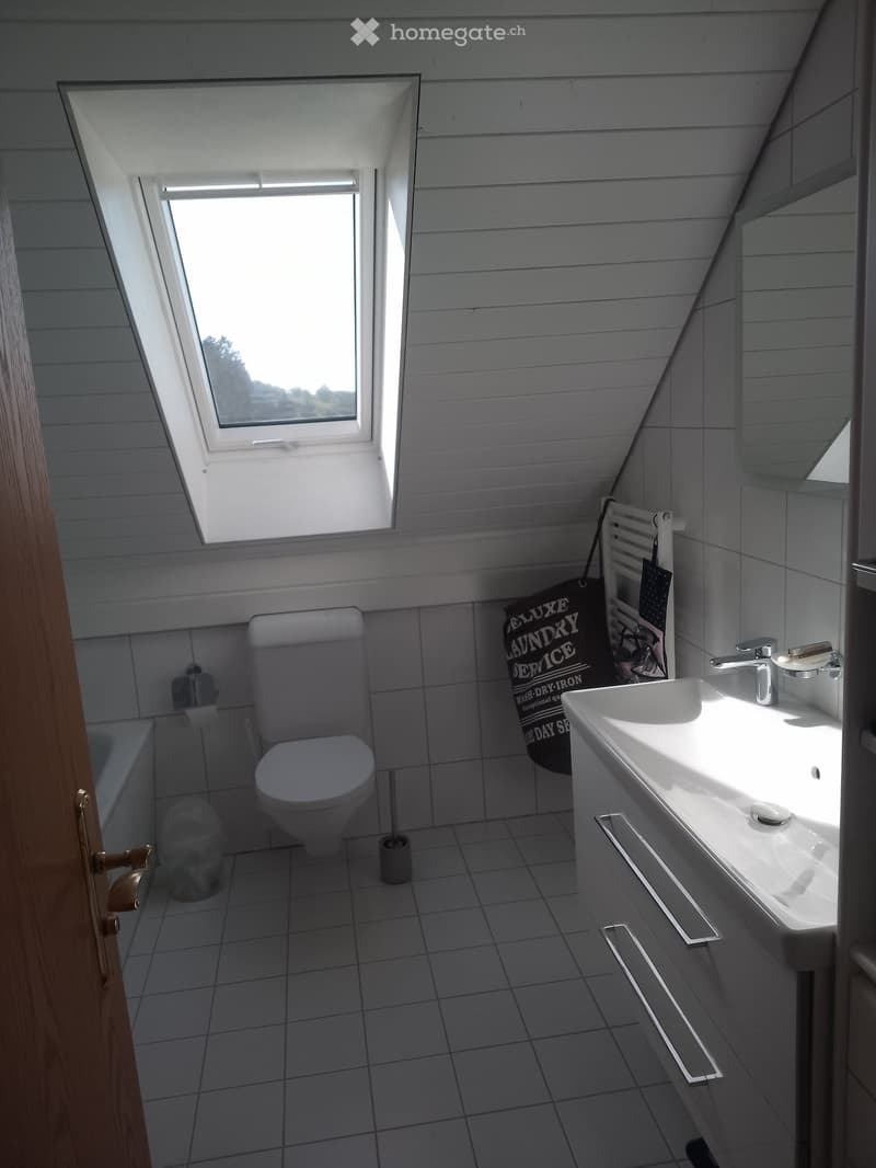 Modern bathroom with white tiled walls and floor, featuring a toilet, sink with modern faucet, bathtub, and a large skylight window providing natural light.
