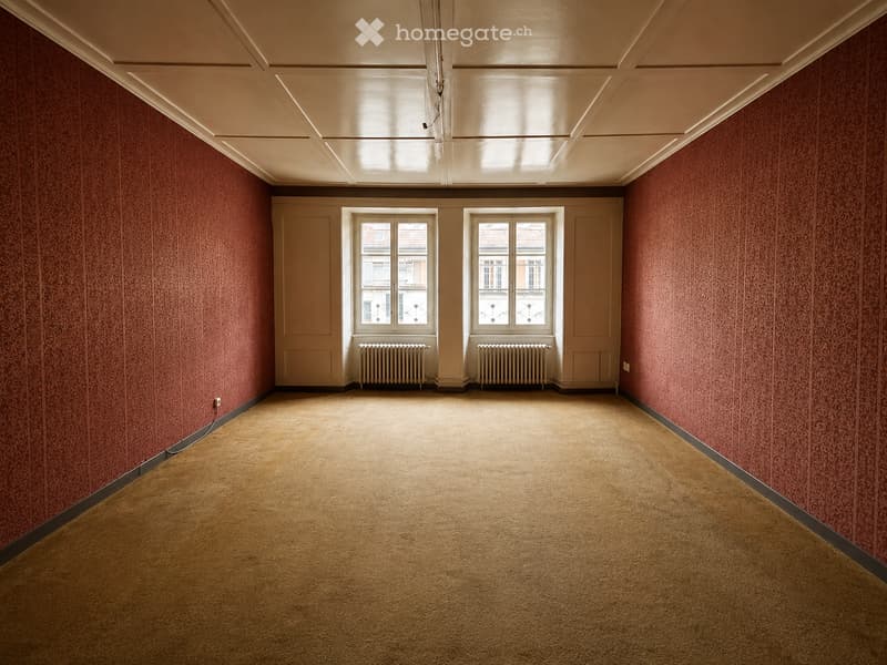 Empty room with red patterned wallpaper, beige carpet, two windows with radiators, and a white ceiling with recessed lighting.