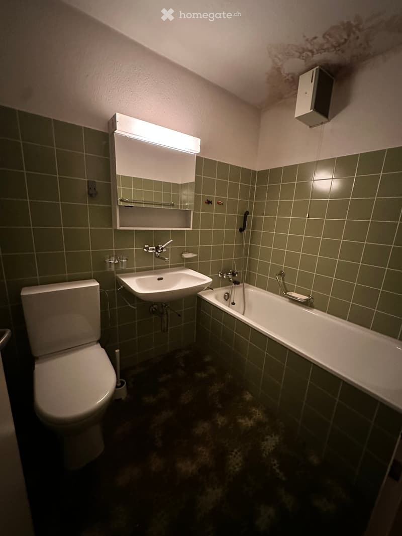 Bathroom with green tiled walls, a toilet, a sink, a bathtub, a mirror, and a light fixture above the sink.