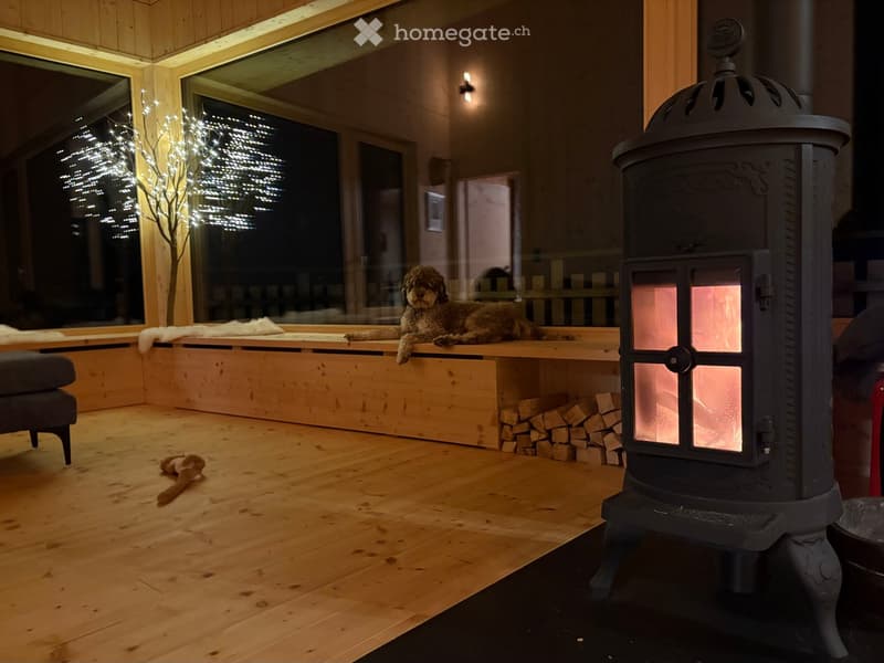 Cozy living room with wooden flooring, a wood stove, a dog resting on a bench, and a decorative tree with lights in the background.